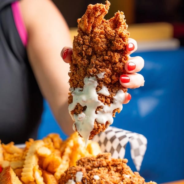 A hand with red nail polish holds a crispy fried chicken tender dripping with white sauce.