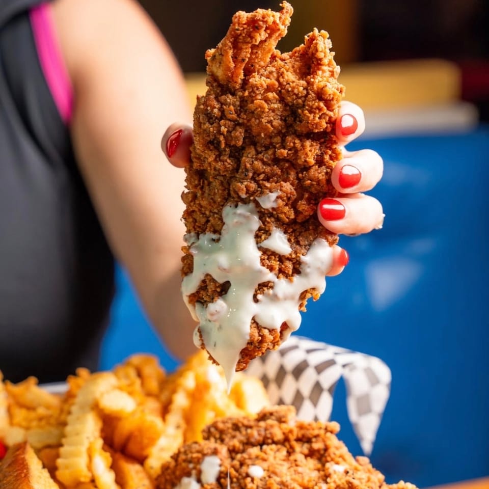 A hand with red nail polish holds a crispy fried chicken tender dripping with white sauce.
